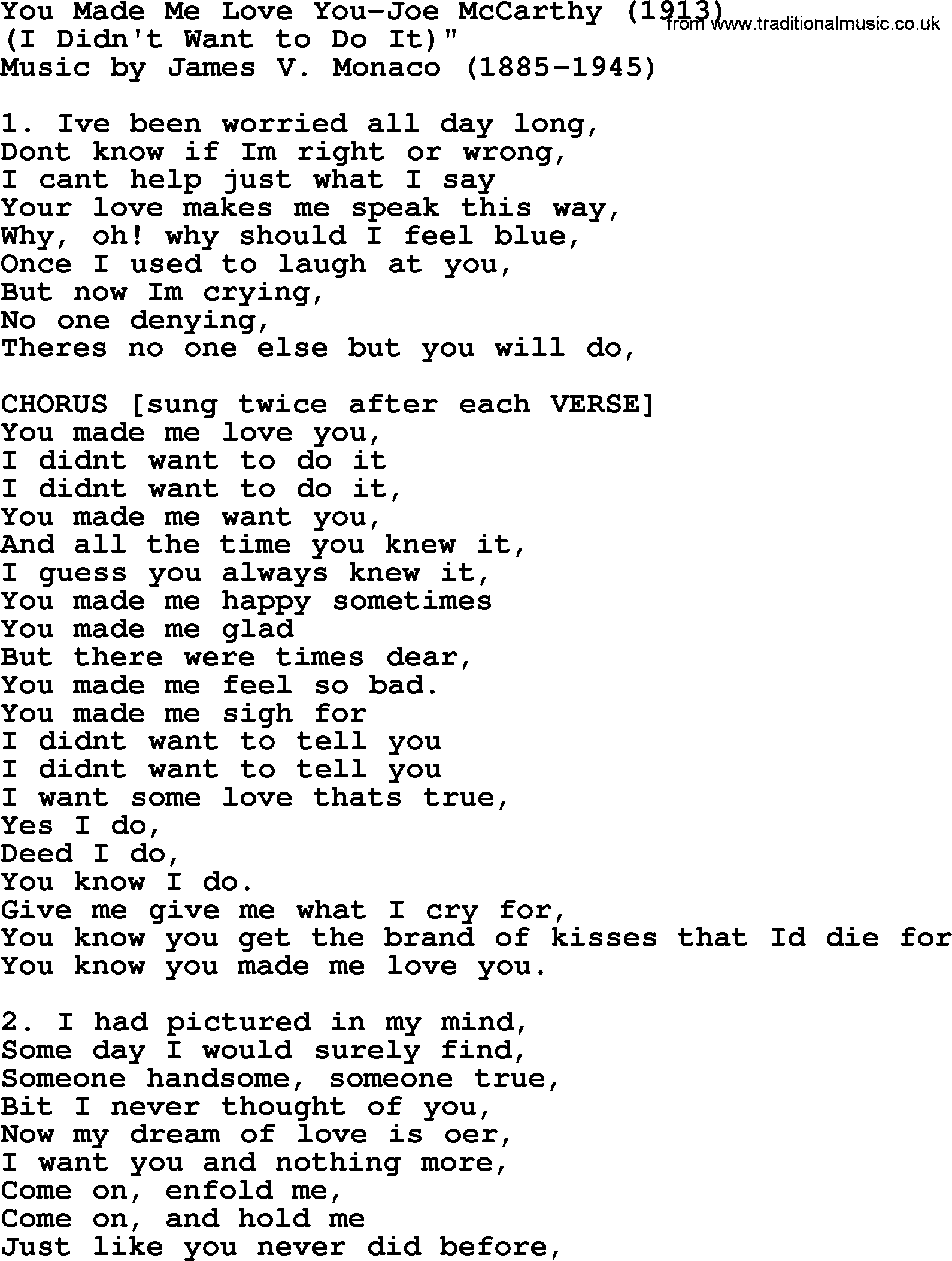 World War(WW1) One Song: You Made Me Love You-Joe Mccarthy 1913, lyrics and PDF